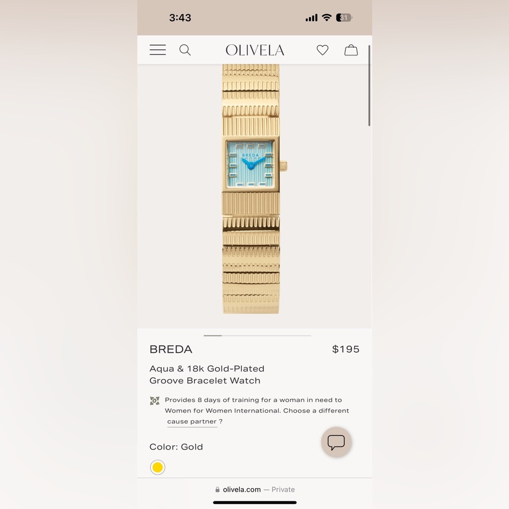Breda aqua and 18k gold plated groove bracelet watch